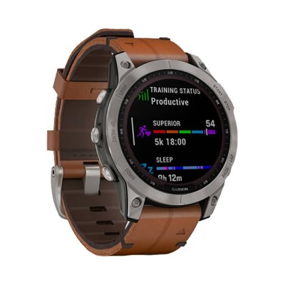 Часы Garmin Fenix 7 Sapphire Solar титановый серый с коричневым кожаным ремешком